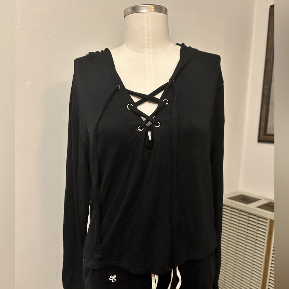 Express One Eleven Lace Up Pullover Hoodie Top